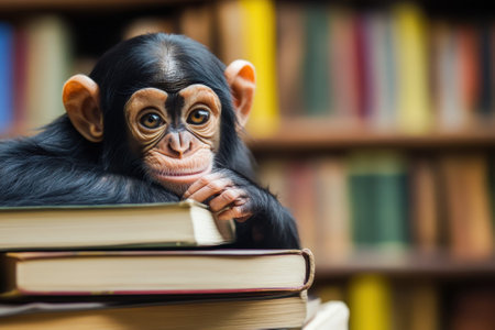 A chimpanzee child relaxes with his arms on a stack of books in a quiet library.の写真素材