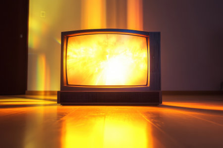 An old television set emits bright, warm light, casting colorful reflections on the floor as evening approaches.の写真素材