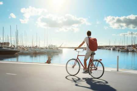 A person rides a bicycle by a calm marina filled with boats, enjoying the sunny afternoon.の写真素材