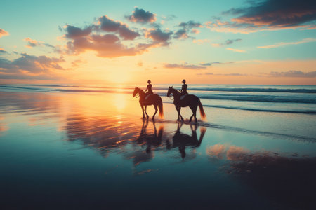 Two riders on horseback walk beside the ocean as the sun sets, creating a serene and picturesque atmosphere.の写真素材