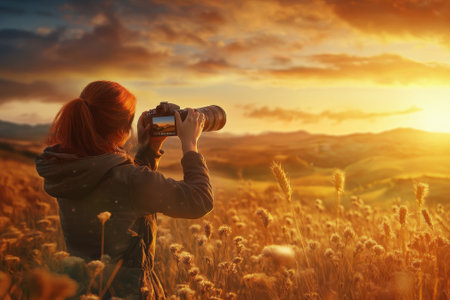 A person takes photos of a beautiful sunset over a vast field, surrounded by tall grass and hills.の写真素材