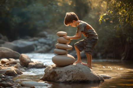 A young boy skillfully stacks smooth stones on a river rock, enjoying a playful afternoon by the water.の写真素材