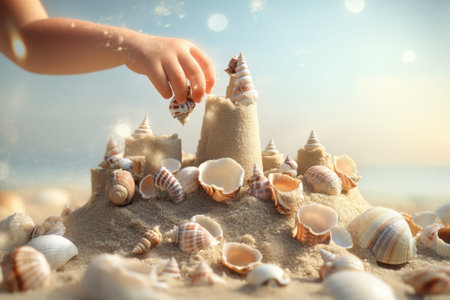 A child adds shells to a sandcastle on a sunny beach, showing creativity and joy in summer.の写真素材