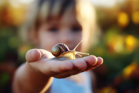 A curious child observes a snail resting on her hand in a vibrant garden during a sunny day.の写真素材