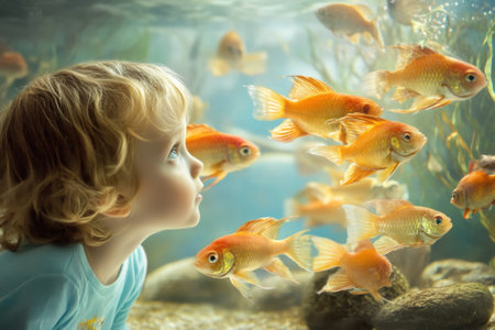 A young child is captivated, observing colorful goldfish swimming in an aquarium setting.の写真素材