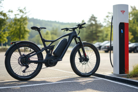 An electric bike is parked next to a charging station under bright sunlight surrounded by greenery.の写真素材