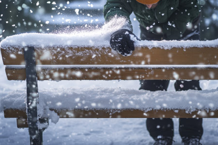 A person is brushing snow off a bench in a park while large snowflakes fall softly around them.の写真素材