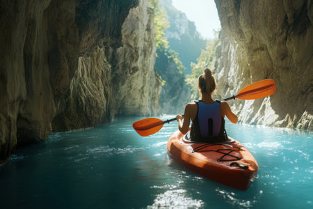 A person paddles a bright orange kayak through a tranquil canyon filled with clear turquoise water and rocky cliffs.の写真素材