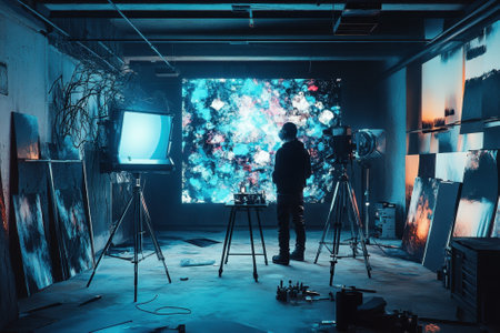 An artist stands in a dim studio, engaged in creating vibrant abstract designs with colorful lights.の写真素材