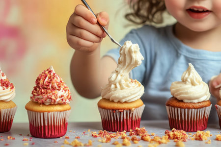 A young child uses a spoon to add frosting to freshly baked cupcakes in a cheerful kitchen environment.の写真素材
