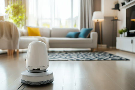 A home cleaning robot moves across wooden floors in a stylish living room filled with natural light.の写真素材