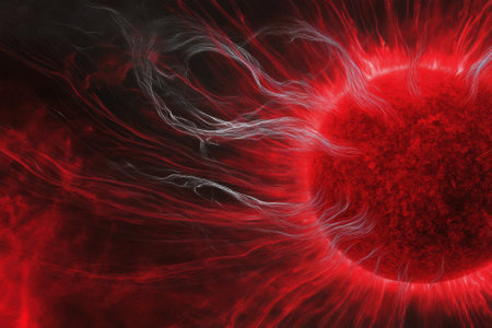 A glowing red sphere radiates light, surrounded by dynamic, flowing strands, set against a dark backdrop.の写真素材