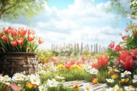 Colorful tulips fill a sunny garden, showing bright blossoms and a woven basket of flowers under a clear sky.の写真素材