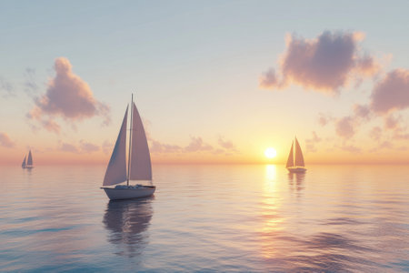 Three sailboats drift gracefully on calm waters during a stunning sunset, reflecting warm hues in the sky.の写真素材