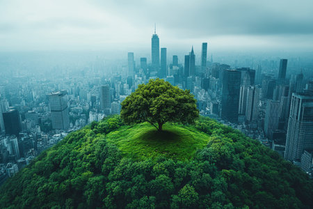 A vibrant tree stands on a green hill, contrasting the expansive city skyline under a cloudy sky.の写真素材