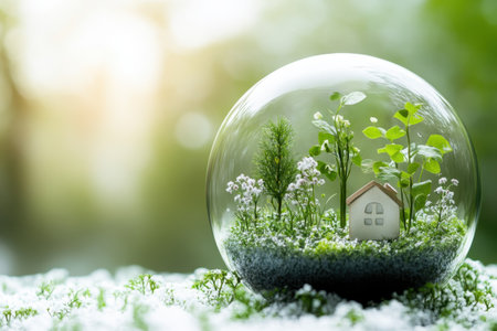 A small house sits amidst lush plants and flowers inside a glass sphere, glowing in afternoon sunlight.の写真素材