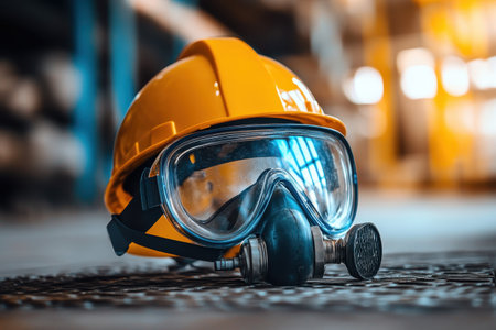 A yellow hard hat and a gas mask are placed on the ground in a busy industrial area.の写真素材