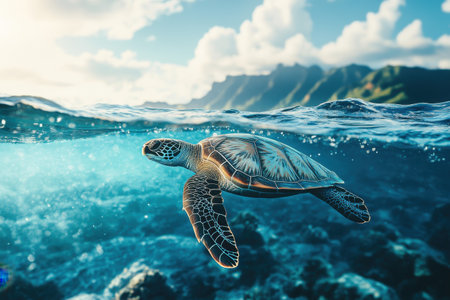 A green sea turtle glides effortlessly above a coral reef, surrounded by crystal-clear tropical waters.の写真素材