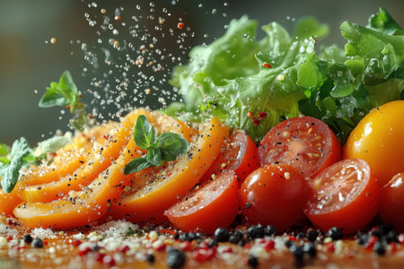 Sliced tomatoes and fresh greens are seasoned with herbs and spices on a wooden countertop.の写真素材