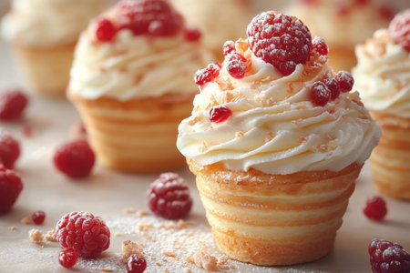These raspberry-filled cupcakes boast swirls of whipped cream and fresh berries, perfect for celebrations.の写真素材