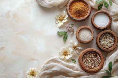 A collection of spices and herbs in wooden bowls is artfully arranged alongside delicate flowers.の写真素材