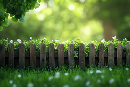 The rustic fence features vibrant green foliage and white blooms, creating a serene garden atmosphere.の写真素材