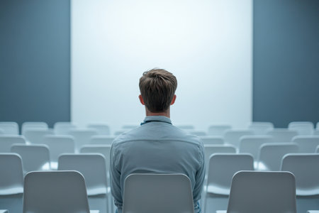 A person sits alone in a minimalist conference room, waiting for a presentation to begin.の写真素材