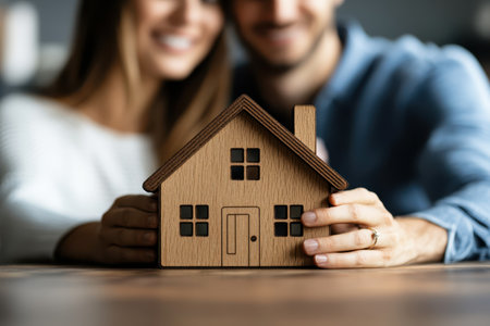 A happy couple showcases a wooden house model while celebrating their new home in a cozy interior.の写真素材