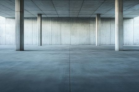 An open space featuring raw concrete walls and pillars under natural light, ideal for various uses.の写真素材