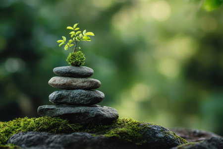 Stones are stacked in a serene arrangement with a small plant sprouting at the top, surrounded by green moss.の写真素材