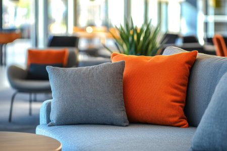 Bright lounge features a comfortable sofa adorned with colorful cushions, creating a welcoming atmosphere.の写真素材