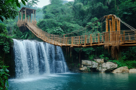 A stunning waterfall cascades into a tranquil pool, while a wooden bridge connects both banks amidst vibrant foliage.の写真素材