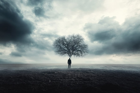 A solitary figure stands beneath a bare tree in a desolate field during twilight, surrounded by dramatic clouds.の写真素材