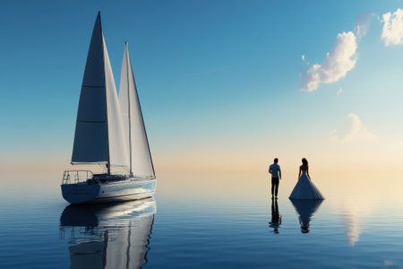 A couple stands against a breathtaking sunset near a sailboat in calm waters, embracing a moment of tranquility.の写真素材