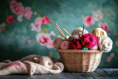 A basket filled with vibrant yarn balls and knitting needles is placed on a rustic surface, with a floral background.の写真素材