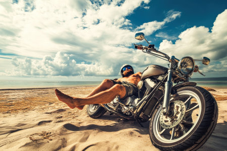 A man enjoys a leisurely moment on the beach, reclining by his motorcycle with cloudy skies above.の写真素材