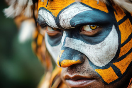 A performer displays intricate facial art in bright colors, embodying cultural heritage during a local event.の写真素材