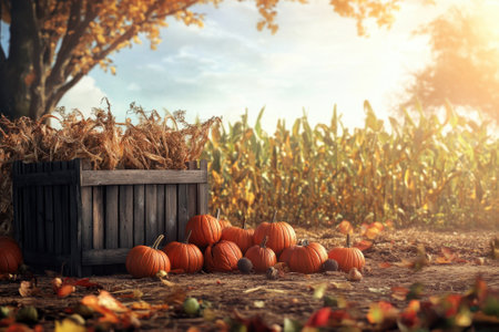 Pumpkins are gathered next to a wooden crate in a vibrant autumn field, illuminated by warm sunlight.の写真素材