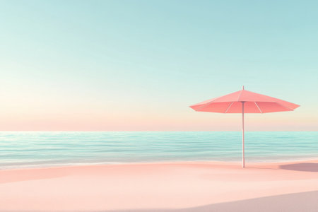 A tranquil beach features a pink umbrella on soft sand with gentle waves under a calming sunset.の写真素材