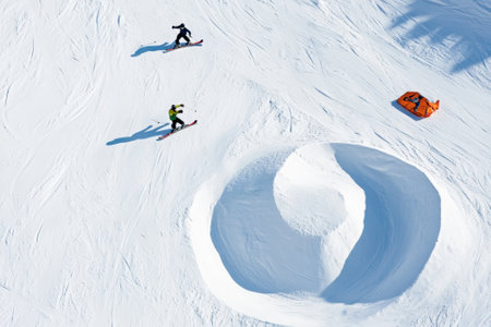 Two snowboarders navigate a snowy slope near a terrain park with a half-pipe feature and inflatable ramp.の写真素材