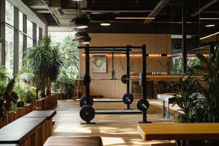 Spacious gym showcases weightlifting equipment surrounded by vibrant plants and natural light.の写真素材
