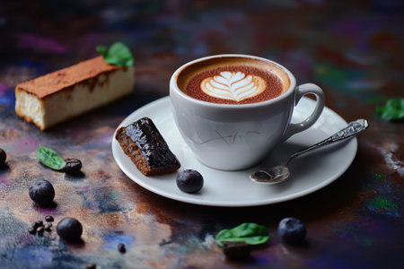 A cup of coffee with latte art sits next to a delicious dessert and fresh blueberries on a vibrant surface.の写真素材