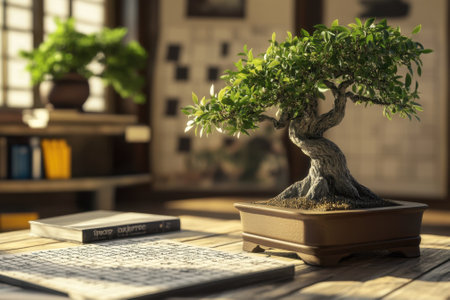 A bonsai tree sits gracefully on a wooden table surrounded by calming decor and natural light.の写真素材