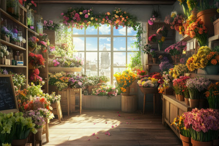 A vibrant flower shop showcases a variety of blossoms under soft sunlight in a welcoming atmosphere.の写真素材