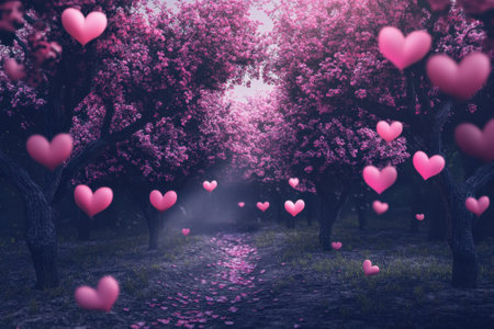 A peaceful path winds through pink blossom trees with heart shapes floating above, creating a magical ambiance.の写真素材