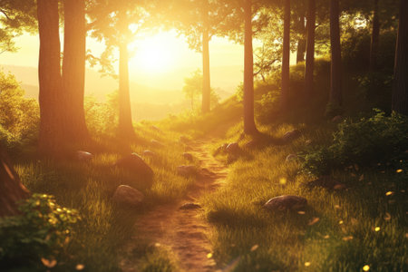 Golden sunlight streams through tall trees, creating a peaceful atmosphere along the forest trail.の写真素材