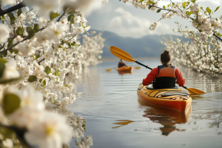 Two kayakers glide through a calm lake surrounded by blossoming cherry trees under a clear sky.の写真素材