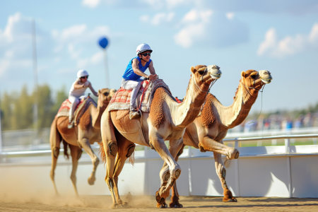 Three riders race camels at a lively event under a clear blue sky, showcasing excitement and competition.の写真素材