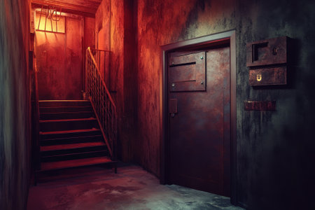 An unsettling stairway in a dimly lit corridor leads to a rusted door, evoking mystery and intrigue.の写真素材
