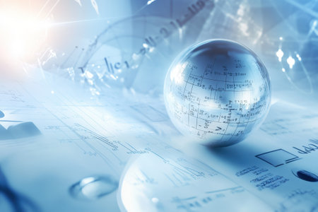 A glass sphere sits on top of blueprints, surrounded by technical drawings and reflections of light.の写真素材